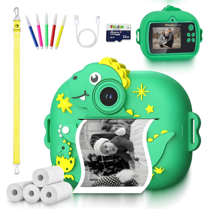 ETERNIUM Appareil Photo Instantané Enfant Dinosuare - Kit Créatif et Éducatif - Caméra Numérique 1080P Antichoc - 4 Rouleaux d'i