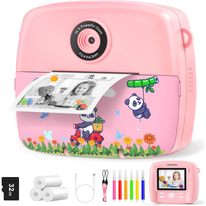 CNAPXAIA Appareil Photo Instantané Enfant, 2,4" Appareil Photo Numérique avec Imprimante sans Encre & Carte 32GB, Mini Caméra En