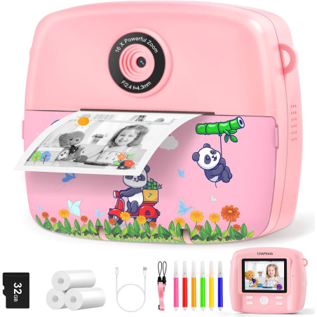 CNAPXAIA Appareil Photo Instantané Enfant, 2,4" Appareil Photo Numérique avec Imprimante sans Encre & Carte 32GB, Mini Caméra En
