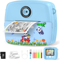 CNAPXAIA Appareil Photo Enfant Instantané, 2,4" Appareil Photo Imprimante avec Carte 32GB & Rouleaux de Papier d'impression, Cad