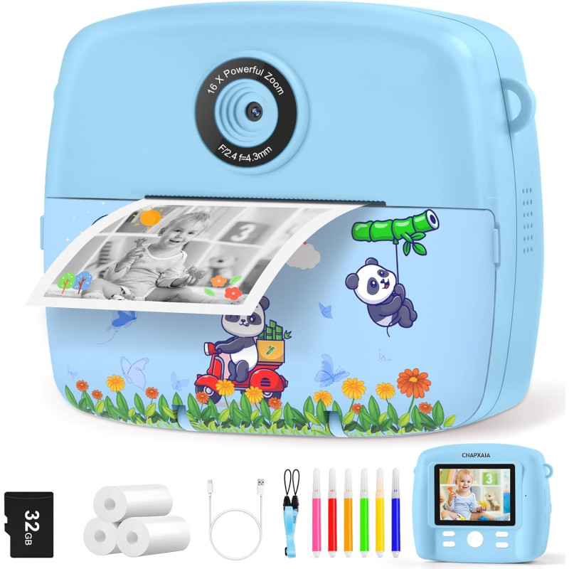 CNAPXAIA Appareil Photo Enfant Instantané, 2,4" Appareil Photo Imprimante avec Carte 32GB & Rouleaux de Papier d'impression, Cad