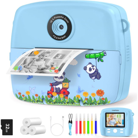 CNAPXAIA Appareil Photo Enfant Instantané, 2,4" Appareil Photo Imprimante avec Carte 32GB & Rouleaux de Papier d'impression, Cad