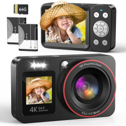 Appareil Photo Numérique 4K 64MP Digital Camera 18X Zoom Numérique Appareil Photo Compact Portable avec 2 Écran, 2 Batteries Car