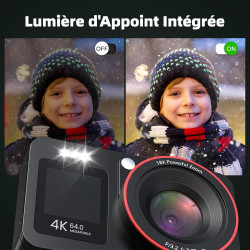 Appareil Photo Numérique 4K 64MP Digital Camera 18X Zoom Numérique Appareil Photo Compact Portable avec 2 Écran, 2 Batteries Car