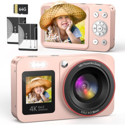Appareil Photo Numérique 4K 64MP Digital Camera 18X Zoom Numérique Appareil Photo Compact Portable avec 2 Écran, 2 Batteries Car