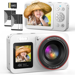 Appareil Photo Numérique 4K 64MP Digital Camera 18X Zoom Numérique Appareil Photo Compact Portable avec 2 Écran, 2 Batteries Car