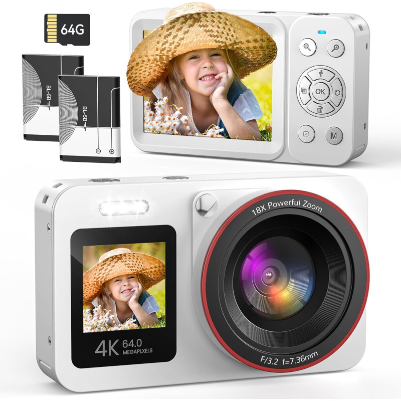 Appareil Photo Numérique 4K 64MP Digital Camera 18X Zoom Numérique Appareil Photo Compact Portable avec 2 Écran, 2 Batteries Car