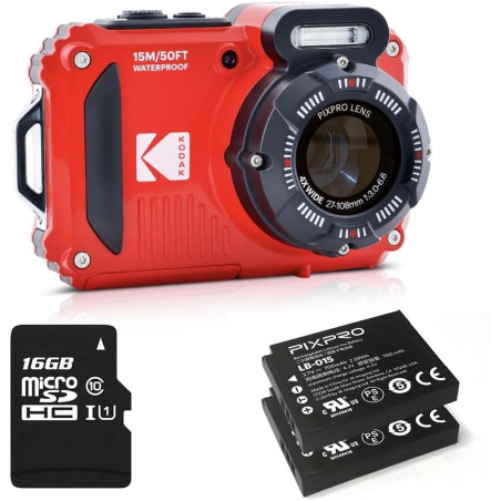 KODAK Pixpro Pack WPZ2 + 2 Batteries + 1 Carte SD - Appareil Photo Numérique Compact 16M Pixels, Etanche à 15m, Anti-Choc, Video