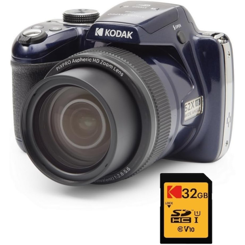 KODAK Pixpro AZ528 + Carte Mémoire SD 32 Go - Appareil Photo Bridge 16 MP, Zoom 52X, Full HD, 85MB/s Lecture, 25MB/s Écriture - 
