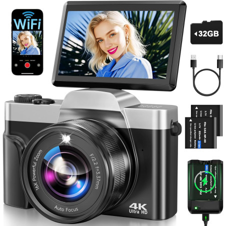 Appareil Photo Numérique avec WiFi, 4K 64MP Autofocus Camera Vlog 16X Digital Zoom à Écran Rabattable à 180° Appareils Photo Com