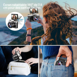 Appareil Photo Numérique avec WiFi, 4K 64MP Autofocus Camera Vlog 16X Digital Zoom à Écran Rabattable à 180° Appareils Photo Com