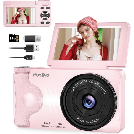 Appareil Photo Numérique Vidéo 4K avec Écran 3" Abattable 180° pour Vlog, Ponovo Appareil Photo 64MP Autofocus avec 32GB, Zoom 1