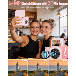 Appareil Photo Numérique Vidéo 4K avec Écran 3" Abattable 180° pour Vlog, Ponovo Appareil Photo 64MP Autofocus avec 32GB, Zoom 1
