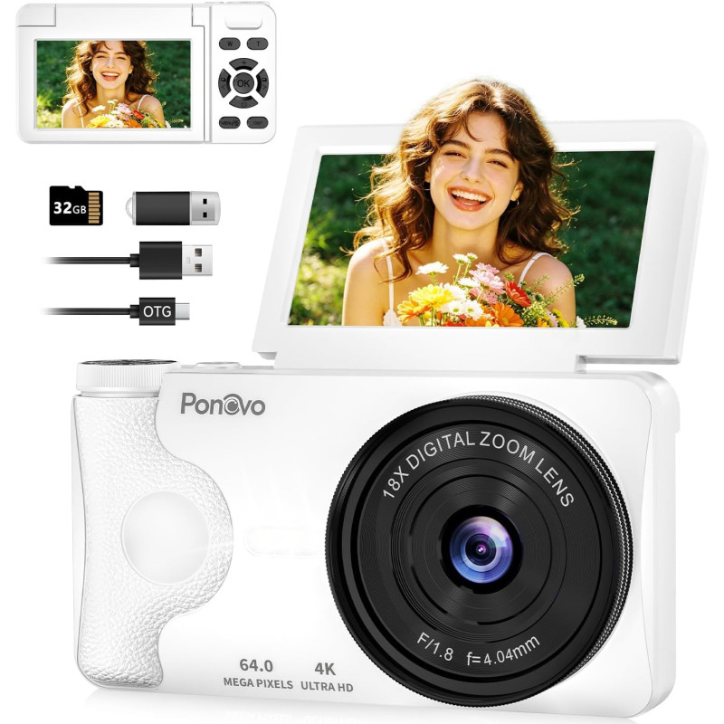 Appareil Photo Numérique 4K Digital 64MP Autofocus, Ponovo Appareil Photo Compact 32GB avec Écran 3" Abattable 180° Digital Came