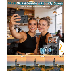 Appareil Photo Numérique 4K 64MP Autofocus Camera pour Vlog Voyage avec Écran 3" Abattable 180° Digital Camera, Ponovo Appareil 