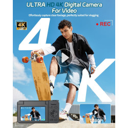 Appareil Photo Numérique 4K 64MP Autofocus Camera pour Vlog Voyage avec Écran 3" Abattable 180° Digital Camera, Ponovo Appareil 