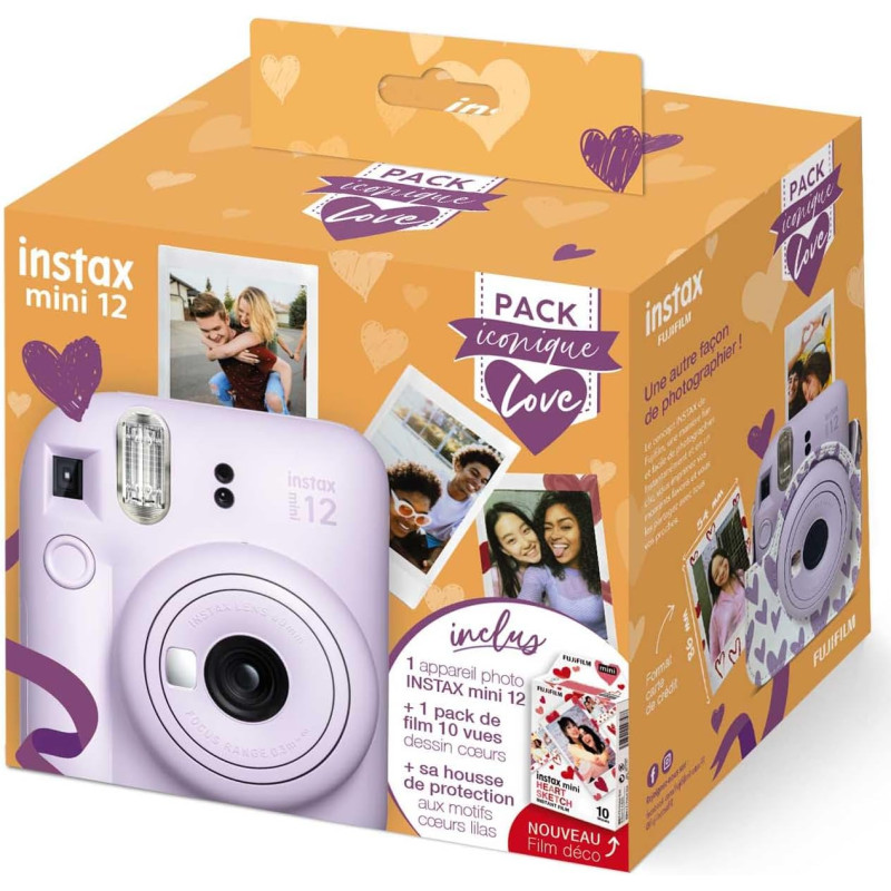Pack Iconique Love Appareil Photo instantané Fujifilm instax Mini 12 Violet + Pack de Film 10 Vues + Housse de Protection