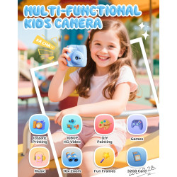 CAMCLID Appareil Photo Instantané Enfants, 1080P HD Appareil Photo Numérique Enfant avec Carte de 32GB & 3 Rouleaux de Papier d'