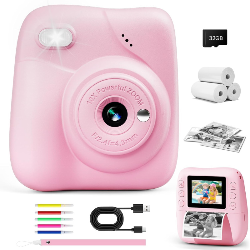 CAMCLID Appareil Photo Instantané Enfants, 1080P HD Appareil Photo Numérique Enfant avec Carte de 32GB & 3 Rouleaux de Papier d'
