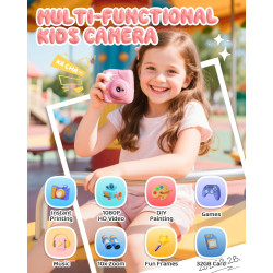 CAMCLID Appareil Photo Instantané Enfants, 1080P HD Appareil Photo Numérique Enfant avec Carte de 32GB & 3 Rouleaux de Papier d'