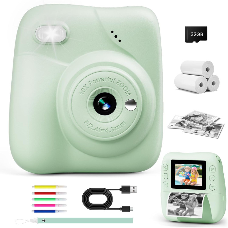 CAMCLID Appareil Photo Instantané Enfants, 1080P HD Appareil Photo Numérique Enfant avec Carte de 32GB & 3 Rouleaux de Papier d'