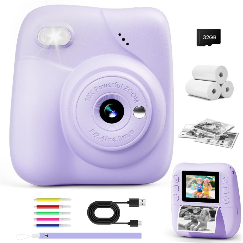 CAMCLID Appareil Photo Instantané Enfants, 1080P HD Appareil Photo Numérique Enfant avec Carte de 32GB & 3 Rouleaux de Papier d'