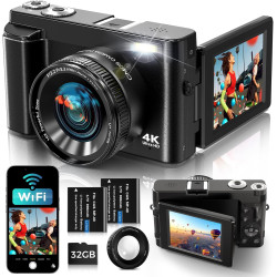 Appareil Photo Numérique 4K avec WiFi 64MP Appareil Photo Compact, Écran 3" 180° Orientable, Cartes de 32 Go, 2 Batteries, Zoom 