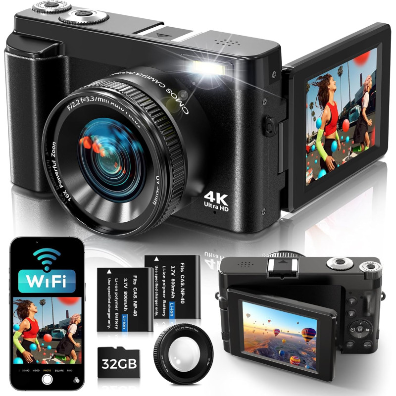 Appareil Photo Numérique 4K avec WiFi 64MP Appareil Photo Compact, Écran 3" 180° Orientable, Cartes de 32 Go, 2 Batteries, Zoom 