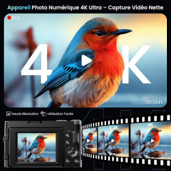 Appareil Photo Numérique 4K avec WiFi 64MP Appareil Photo Compact, Écran 3" 180° Orientable, Cartes de 32 Go, 2 Batteries, Zoom 