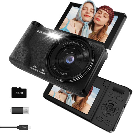 Appareil Photo Numérique 4K 64MP, Wevoor Digital Appareils Numérique Compact 32GB avec Écran Rabattable 180°, 18x Zoom Numérique