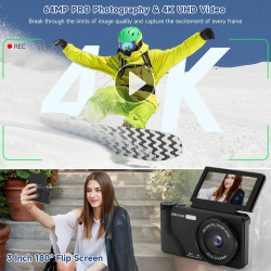 Appareil Photo Numérique 4K 64MP, Wevoor Digital Appareils Numérique Compact 32GB avec Écran Rabattable 180°, 18x Zoom Numérique