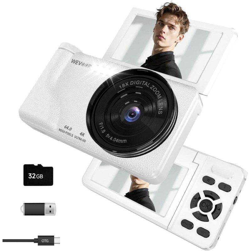 Appareil Photo Numérique 4K 64MP, Wevoor Digital Appareils Numérique Compact 32GB avec Écran Rabattable 180°, 18x Zoom Numérique