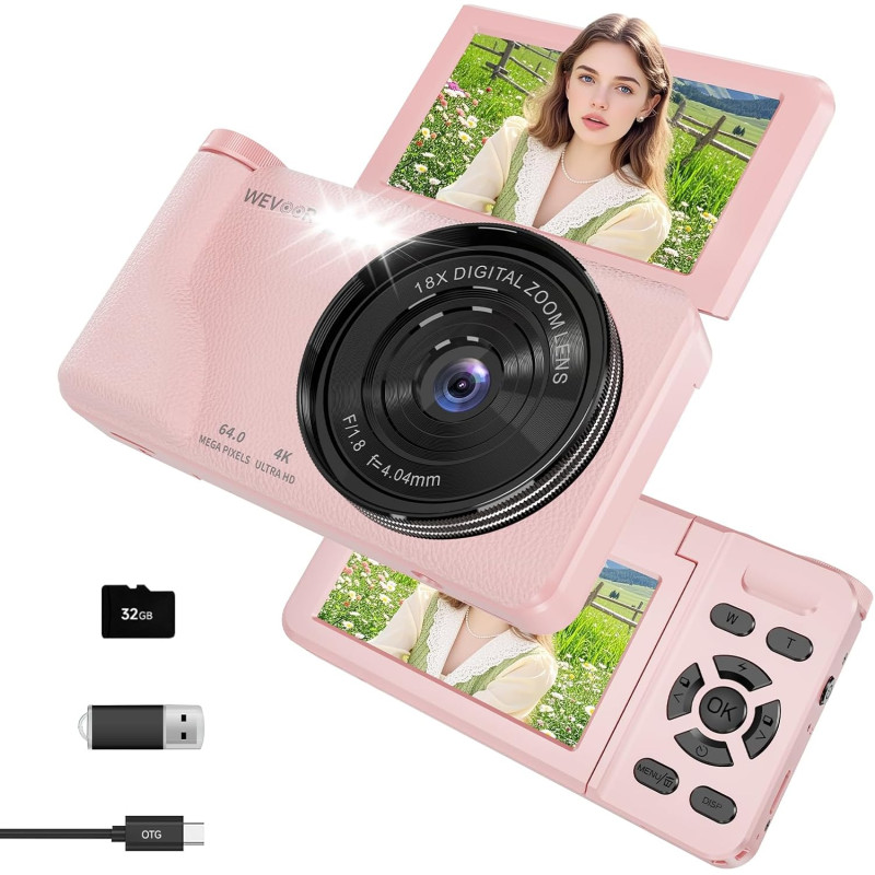 Appareil Photo Numérique 4K 64MP, Wevoor Digital Appareils Numérique Compact 32GB avec Écran Rabattable 180°, 18x Zoom Numérique