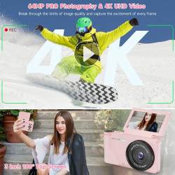 Appareil Photo Numérique 4K 64MP, Wevoor Digital Appareils Numérique Compact 32GB avec Écran Rabattable 180°, 18x Zoom Numérique