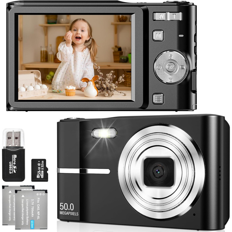 Appareil Photo Numérique 50MP 1080P FHD Compact Caméra avec Mise au Point Automatique Digital Camera avec Zoom Numérique 16X Car