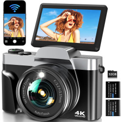 Appareil Photo Numérique avec WiFi 4K 64MP, WiFi Appareil Photo Compact avec Écran Rotatif 3” 180°, Zoom Numérique 16X, Autofocu