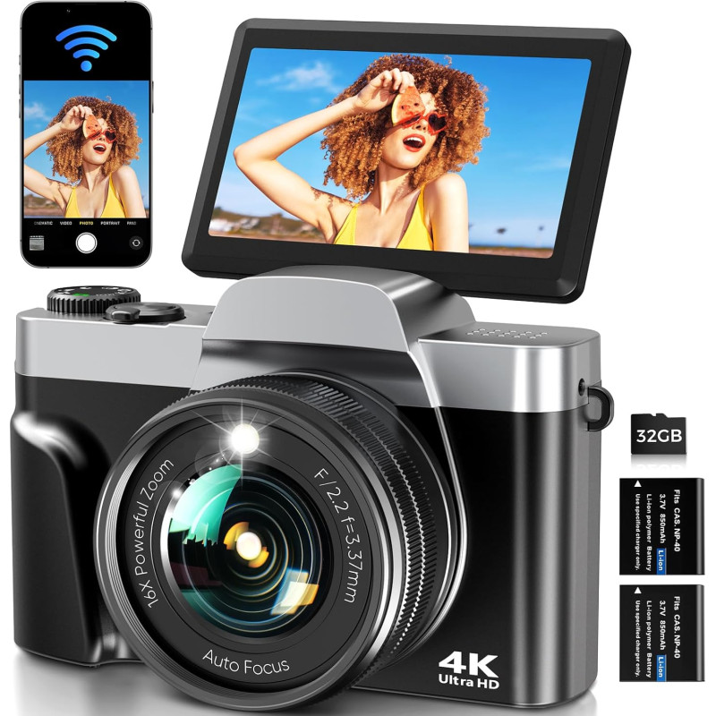 Appareil Photo Numérique avec WiFi 4K 64MP, WiFi Appareil Photo Compact avec Écran Rotatif 3” 180°, Zoom Numérique 16X, Autofocu