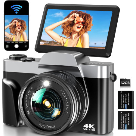 Appareil Photo Numérique avec WiFi 4K 64MP, WiFi Appareil Photo Compact avec Écran Rotatif 3” 180°, Zoom Numérique 16X, Autofocu