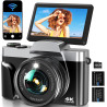 Appareil Photo Numérique avec WiFi 4K 64MP, WiFi Appareil Photo Compact avec Écran Rotatif 3” 180°, Zoom Numérique 16X, Autofocu