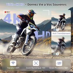 Appareil Photo Numérique avec WiFi 4K 64MP, WiFi Appareil Photo Compact avec Écran Rotatif 3” 180°, Zoom Numérique 16X, Autofocu