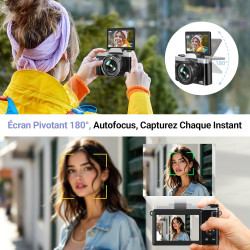 Appareil Photo Numérique avec WiFi 4K 64MP, WiFi Appareil Photo Compact avec Écran Rotatif 3” 180°, Zoom Numérique 16X, Autofocu