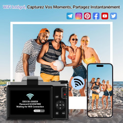 Appareil Photo Numérique avec WiFi 4K 64MP, WiFi Appareil Photo Compact avec Écran Rotatif 3” 180°, Zoom Numérique 16X, Autofocu