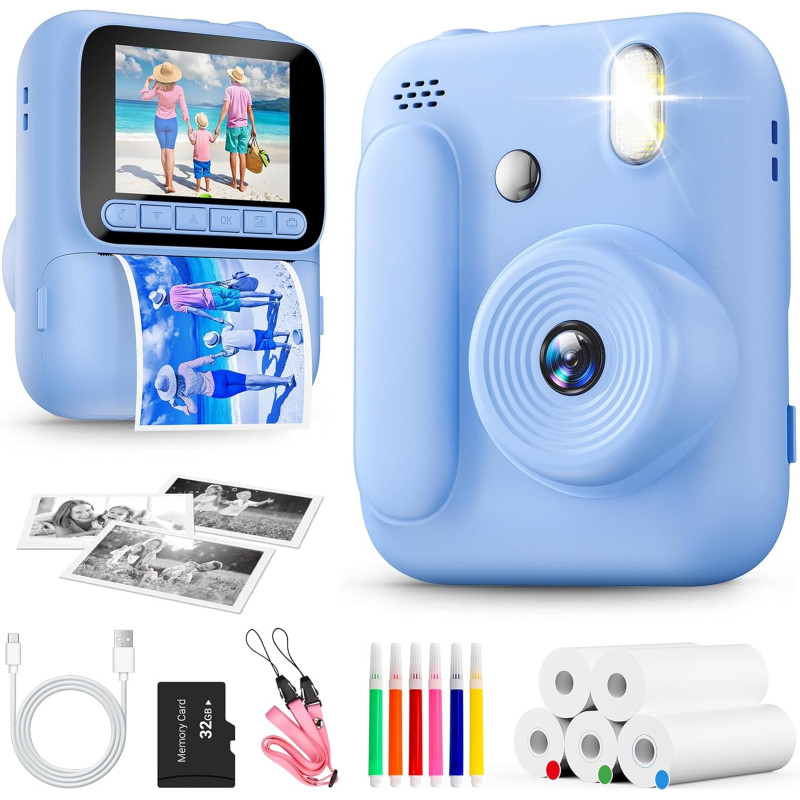 Appareil Photo Instantané Enfants,1080P Appareil Photo Enfant avec 5 Rouleaux de Papier,Carte 32GB et Stylos de Couleur,Appareil