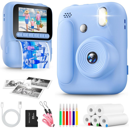 Appareil Photo Instantané Enfants,1080P Appareil Photo Enfant avec 5 Rouleaux de Papier,Carte 32GB et Stylos de Couleur,Appareil