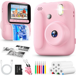 Appareil Photo Instantané Enfants,1080P Appareil Photo Enfant avec 5 Rouleaux de Papier,Carte 32GB et Stylos de Couleur,Appareil