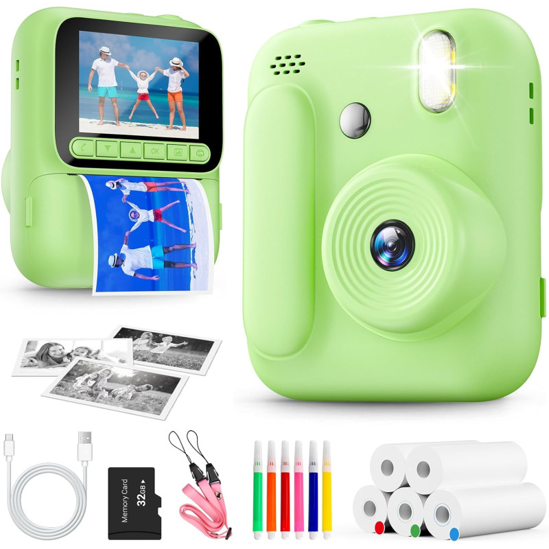 Appareil Photo Instantané Enfants,1080P Appareil Photo Enfant avec 5 Rouleaux de Papier,Carte 32GB et Stylos de Couleur,Appareil