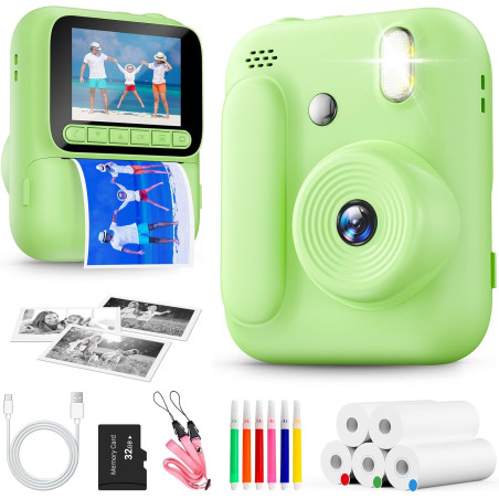 Appareil Photo Instantané Enfants,1080P Appareil Photo Enfant avec 5 Rouleaux de Papier,Carte 32GB et Stylos de Couleur,Appareil