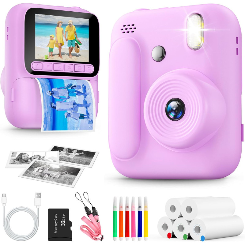 Appareil Photo Instantané Enfants,1080P Appareil Photo Enfant avec 5 Rouleaux de Papier,Carte 32GB et Stylos de Couleur,Appareil