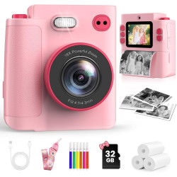 Appareil Photo Instantané Enfants, 1080P Appareil Photo Numérique Enfant & Caméra Vidéo avec Carte de 32GB & Papier d'impression