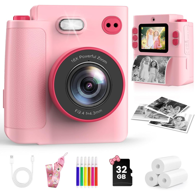 Appareil Photo Instantané Enfants, 1080P Appareil Photo Numérique Enfant & Caméra Vidéo avec Carte de 32GB & Papier d'impression